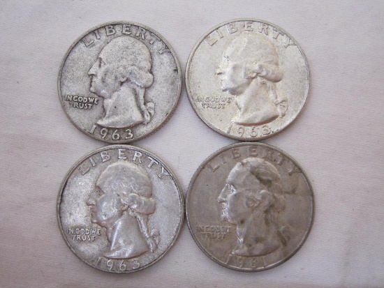 4 US Silver Coins Washington Quarters from 1961-3 including 1961-D & 2 1963-D, 24.8 g total weight