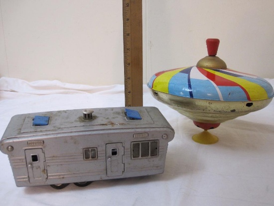 2 Vintage Tin Toys including SSS Japan Pressed Tin Camper and J Chein & Co Metal Top, AS IS, 1 lb 8
