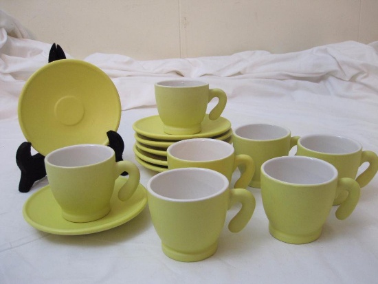 Set of 7 Vintage Ceramic Yellow Demitasse Cups and Saucers, outside is unglazed, unmarked, 4 lbs 4