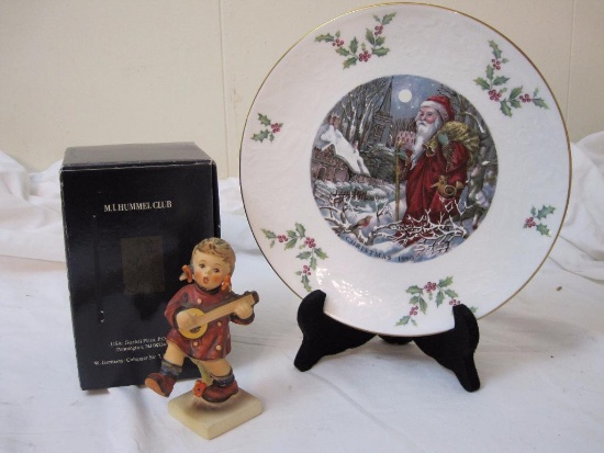 Vintage Hummel Figurine and Royal Doulton Christmas Plate including MJ Hummel Ceramic Happiness