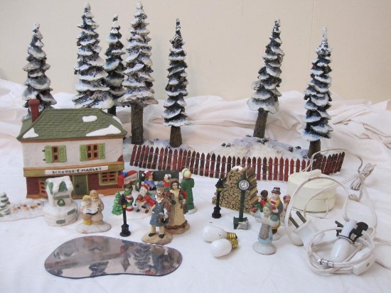 Lot of Assorted Christmas Display Pieces including ceramic Scrooge & Marley Building, Department 56