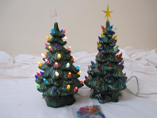 2 Vintage Atlantic O Mold Ceramic Lighted Christmas Trees with extra pieces, 5 lbs 9 oz