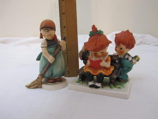2 Goebel Redhead Ceramic Figurines including "A Young Man's Fancy" and "Little Sweeper", 13 oz