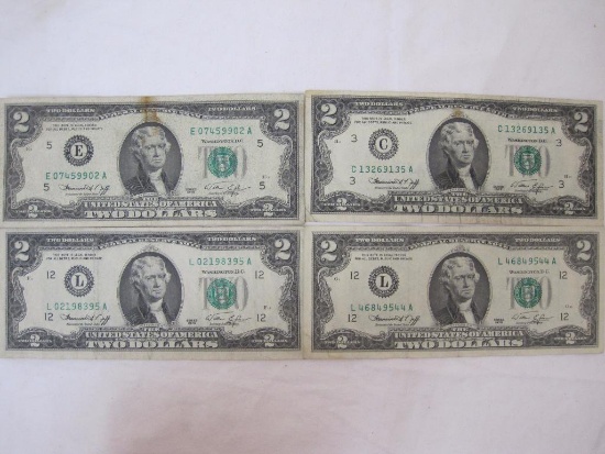 4 United States Bicentennial 1976 Two Dollar Bills, US Paper Currency, Circulated Condition, 1 oz