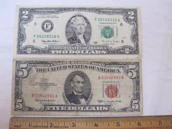 United States Paper Currency including 1963 $5 Red Seal Note and 1995 $2 Note, 1 oz