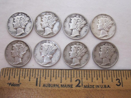 8 US Silver Coins Mercury Dimes from 1923-1944, 19.6 g