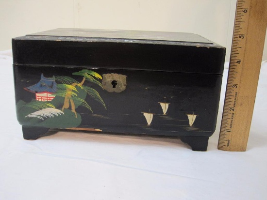 Asian Themed Wooden Musical Jewelry Box, see pictures for condition, 2 lbs 1 oz