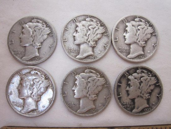 6 US Silver Coins Mercury Dimes from 1935-1945, 14.6 g