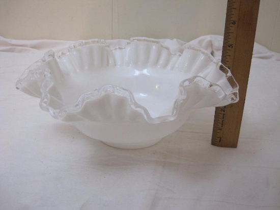 Fenton Silver Crest Milk Glass Double Ruffled Scalloped Rim Bowl/Wedding Reception Dish, 1 lb 6 oz