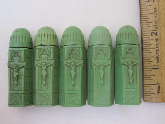 Lot of 5 Vintage Holy Water Vials, green acrylic with screw tops, 2 oz