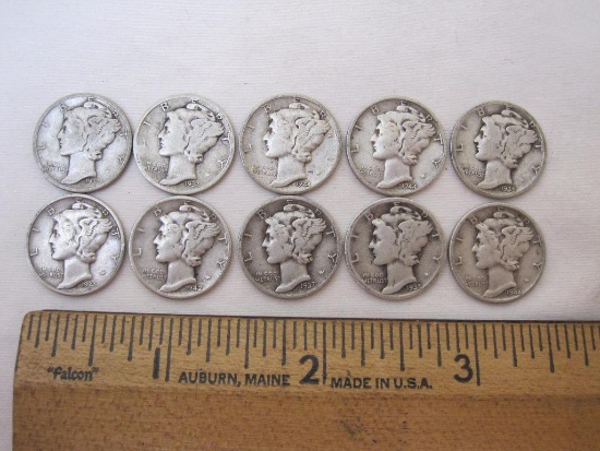 10 US Silver Coins Mercury Dimes from 1935-1945, including 1944-D, 24.3 g