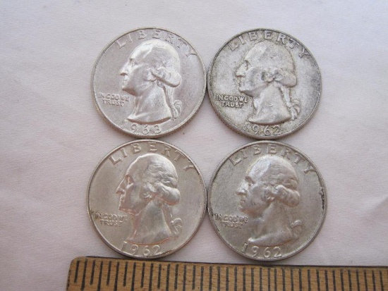 4 US Silver Coins Washington Quarters from 1962-1963, including 1962-D, 1962-D, and 1963-D, 24.8 g