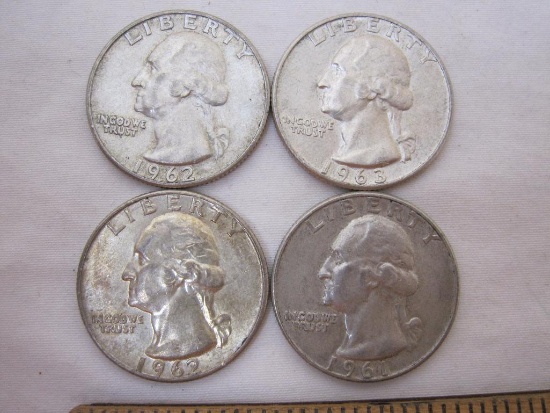 4 US Silver Coins Washington Quarters from 1961-1963, including 1961-D, 1962-D, and 1963-D, 24.6 g