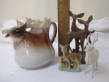 Lot of Deer and Moose Figurines including ceramic moose creamer/pitcher, Rosestone ceramic deer, and