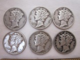 6 US Silver Coins Mercury Dimes from 1935-1945, 14.6 g