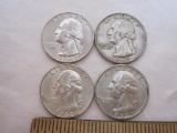 4 US Silver Coins Washington Quarters from 1962-1963, including 1962-D, 1962-D, and 1963-D, 24.8 g