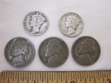 Lot of US Silver and Wartime Coins including 2 Silver Mercury Dimes (4.8 g) and 3 Wartime Nickels