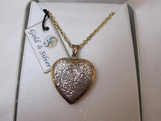 1/13 10K Gold Filled & Sterling Silver Crystal Cut & Polished Heart Pendant on 18" chain, 5.1 g