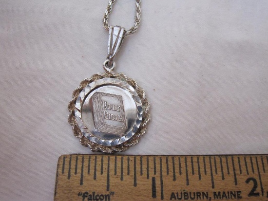 Sterling Silver 17" Necklace w/ Bible pendant in a bezel, verse from 2 Timothy, 10.5g