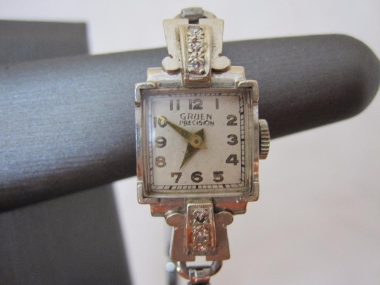 Gruen Precision 14K & Diamond Watch (watch not working), stainless steel band marked Hong Kong,