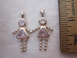 (2) Silvertone Jointed Person Child Birthstone Pendants, CZ & Triangle Pink Sapphire