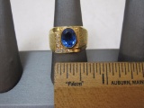 Mens 18K HGE Gold Filled Blue Sapphire and CZ Ring, size 9, 9.2 g total weight