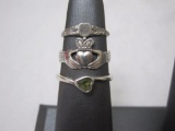 3 Sterling Silver rings Size 5 Claddagh; Size 4 monogram ring (NO MONOGRAM, marked Sterling); Size