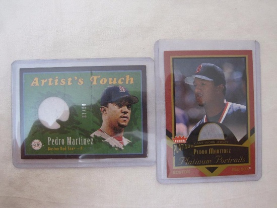 2 Pedro Martinez (Boston Red Sox) Baseball Cards with Game Worn Jersey Pieces from Fleer and Upper