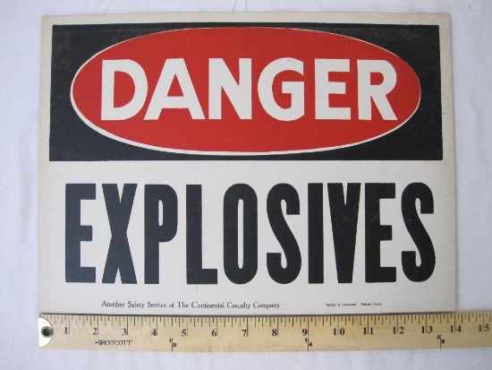 Vintage Cardboard DANGER EXPLOSIVES Sign, 14 1/8" x 10 1/8", The Continental Casualty Company