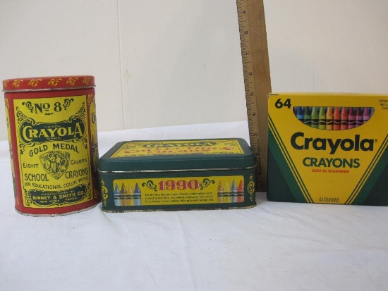 2 Crayola Crayon Tins including 1990 Collector's Colors with unopened 64 pack of crayons and 1982