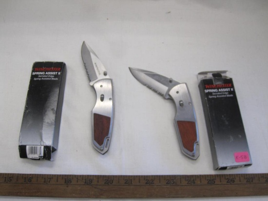 2 Winchester wood-handled pocket knives, spring-assisted blade, K-58