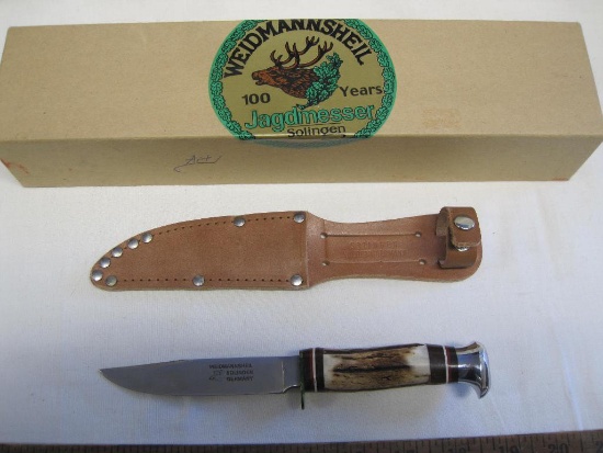 Weidmannsheil Jagdmesser Solingen steel knife with antler handle and leather sheath, K-182, NIB