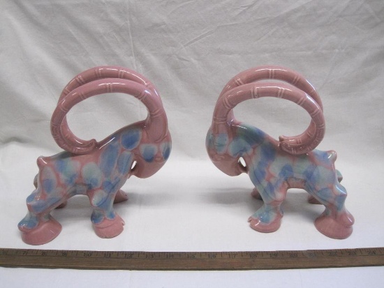 Two Royal Haeger Rams, Mid Century Mauve Agate Glaze