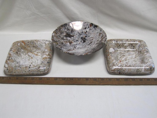 Three Metallic Oil Speckled Glazed Haeger Pottery pieces, two ashtrays and 1 8inch Candy Dish, 3lb