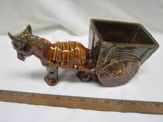 Haeger Pottery Donkey Pulling Mule Cart, Brown Drip Glaze, 2lb 8oz