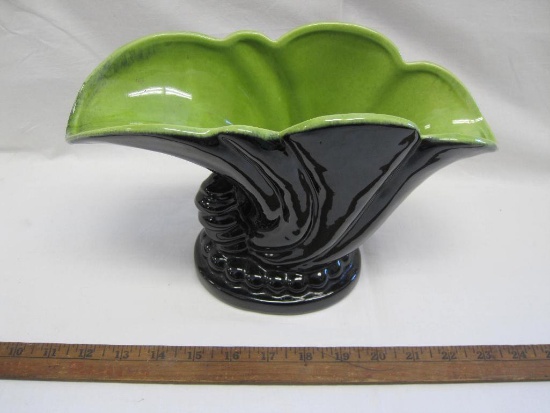 Mid Century Haeger Cornucopia Vase in Black and Lime Green, 11 inches wide, 7 inches tall, 2lb 4oz