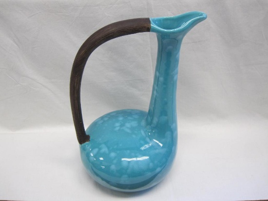 Beautiful Turquoise Pitcher with Brown handle, unusual glaze! Approx 12 in tall by 7 in wide, 2lb