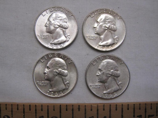 Four Silver US Washington Quarters, 3 1964 and one 1963, 25 g