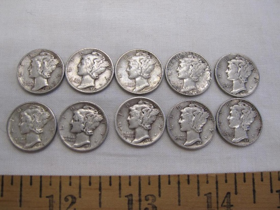 Ten Silver US Mercury dimes, two 1941, six 1942, one 1941D, one 1942D, 22.3 g