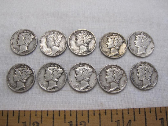 Ten Silver US Mercury dimes, eight 1944, one 1944S, one 1944 D, 24.6 g