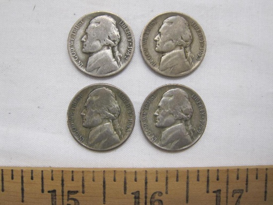Four wartime nickels, 1942P, 1943P, 1943, 1944P, 19.7 g