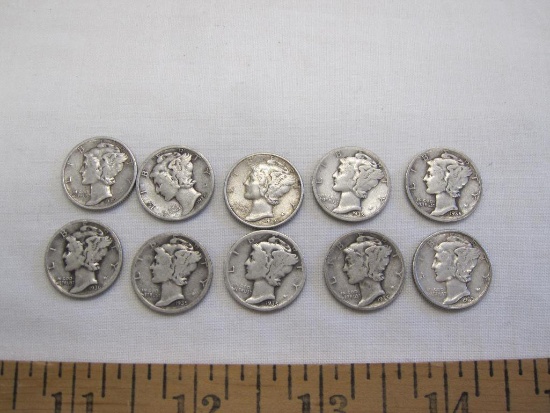 Ten US Silver Mercury Dimes, five 1935, one 1935D, one 1935S, one 1936, two 1939, 24.4 g