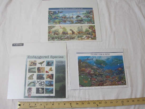 Three Unused Sheets of Animal USPS Postage Stamps including 1996 The World of Dinosaurs 32 Cent