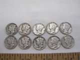 Ten 1945 Silver US Mercury Dimes, nine 1945, one 1945D, 24.7 g