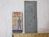 Two Vintage Work Clothes Advertisements including Anvil Brand Work Clothes notebook and Ad Mat, 1 oz