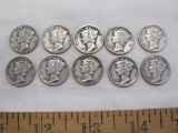 Ten Silver US Mercury dimes, eight 1937, one 1937S, one 1937D, 24.4 g