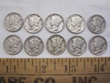 Ten Silver US Mercury Dimes, one 1940D, one 1941S, one 1941D, seven 1941, 24.9 g