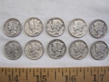 Ten Silver Mercury US Dimes, one 1942, five 1943, two 1944, one 1943D, one 1944 S, 24.7 g