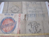 4 Vintage Canvas Sacks including Drackett Soybeans, Grand Champion of Sweetstakes Brands Seeds