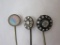 3 Vintage Hat/Stick Pins including 2 round with gemstones and 1 marked sterling silver (1.1 g)